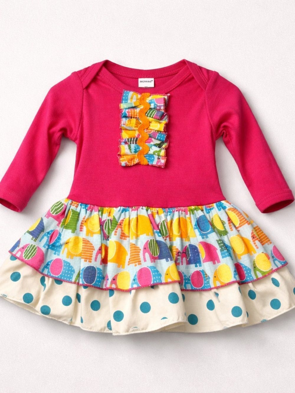 Monag pink long sleeve skirted elephant and polkadot bodysuit dress size 3-6 Mon